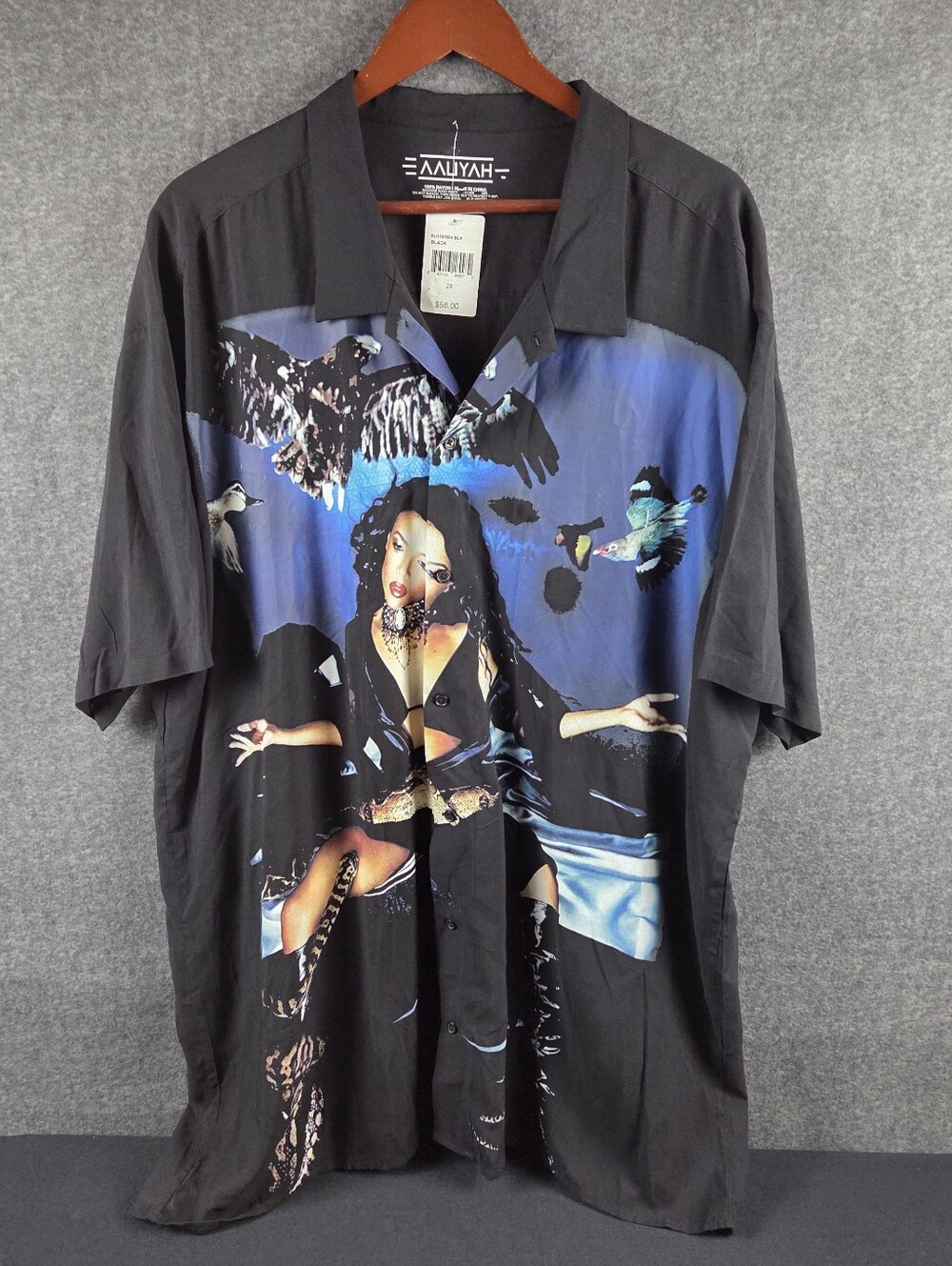 Y2k Aaliyah Graphic Button Up Shirt Mens 2XL Black Short Sleeve R&B Iconic